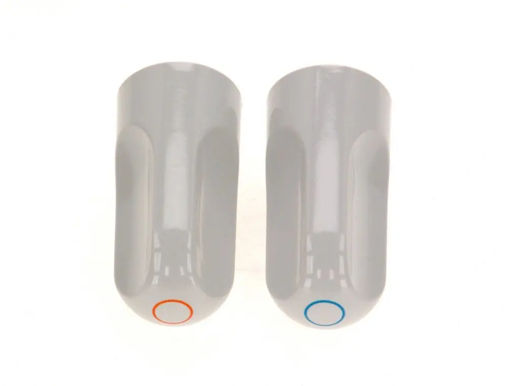 Zwei graue Drehgriffe von Bosch, einer mit rotem und einer mit blauem Punkt. Die Griffe haben eine ergonomische Form.
